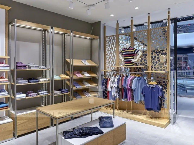 Warm Wood Menswear Wall and Glass Table Display