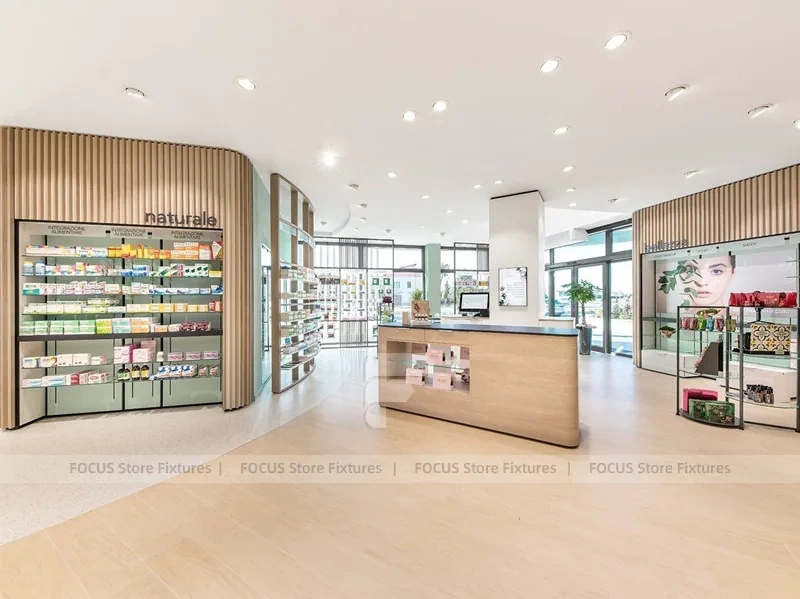 Warm Wood Pharmacy Checkout and Wall Display Interior