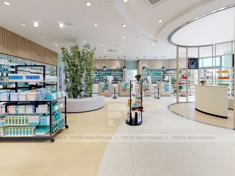 Warm Wood Pharmacy Checkout and Wall Display Interior