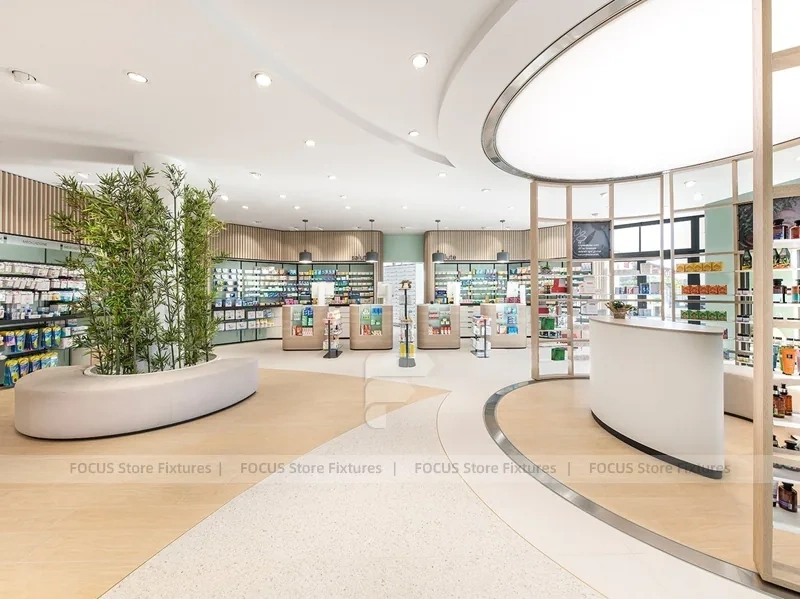 Warm Wood Pharmacy Checkout and Wall Display Interior