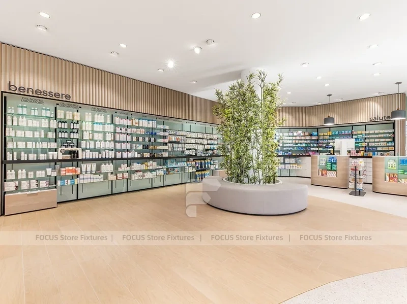 Warm Wood Pharmacy Checkout and Wall Display Interior