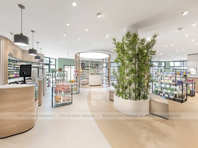 Warm Wood Pharmacy Checkout and Wall Display Interior