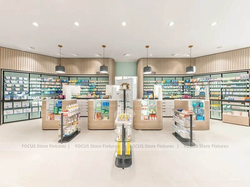Warm Wood Pharmacy Checkout and Wall Display Interior
