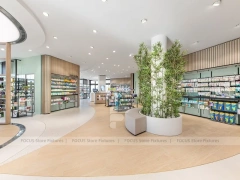 Warm Wood Pharmacy Checkout and Wall Display Interior