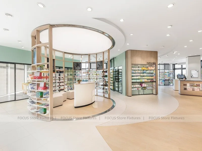 Warm Wood Pharmacy Checkout and Wall Display Interior