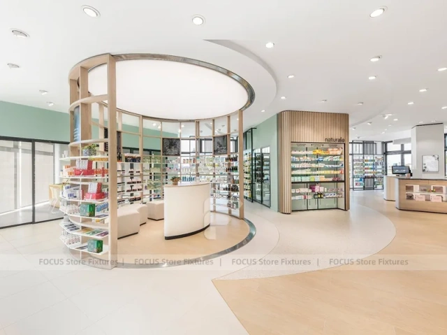 Warm Wood Pharmacy Checkout and Wall Display Interior