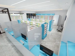 White Aqua Pharmacy Counter with Blue Display Shelves
