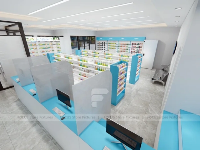 White Aqua Pharmacy Counter with Blue Display Shelves