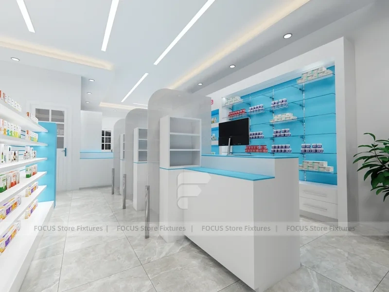 White Aqua Pharmacy Counter with Blue Display Shelves