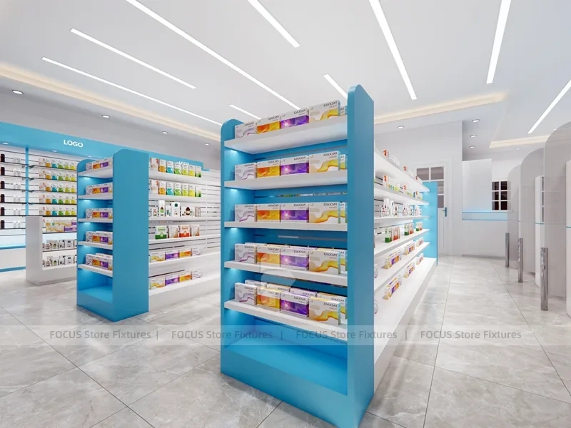 White Aqua Pharmacy Counter with Blue Display Shelves