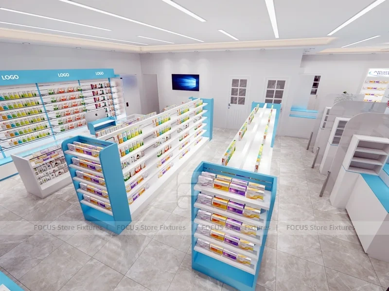 White Aqua Pharmacy Counter with Blue Display Shelves