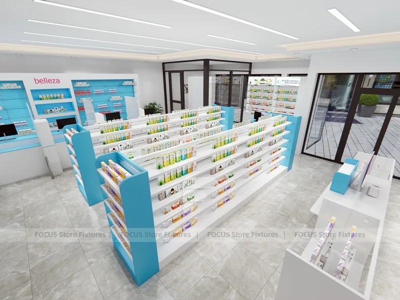 White Aqua Pharmacy Counter with Blue Display Shelves