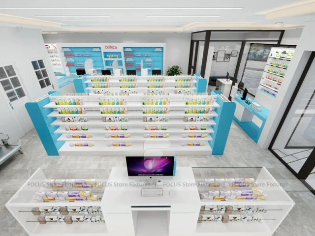 White Aqua Pharmacy Counter with Blue Display Shelves