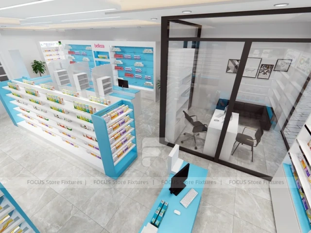 White Aqua Pharmacy Counter with Blue Display Shelves