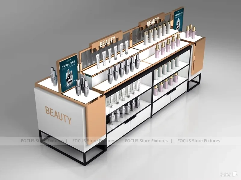 White Beauty Island Display Table with Illuminated Shelves