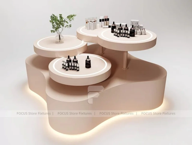 White Beauty Island Display Table with Illuminated Shelves