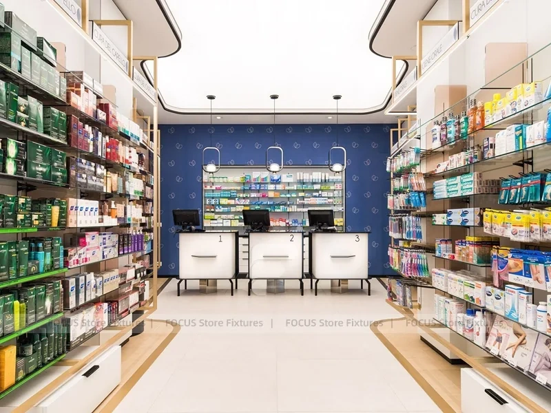 White Blue Pharmacy Interior with Central Column Display