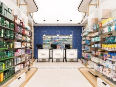 White Blue Pharmacy Interior with Central Column Display