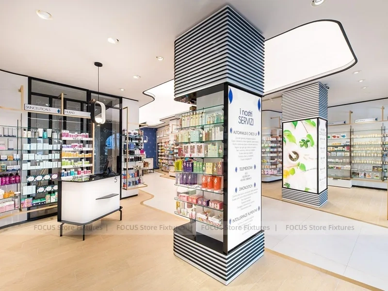 White Blue Pharmacy Interior with Central Column Display