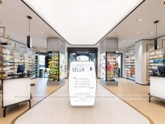 White Blue Pharmacy Interior with Central Column Display