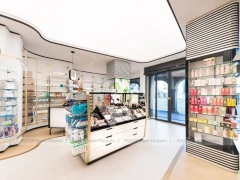 White Blue Pharmacy Interior with Central Column Display