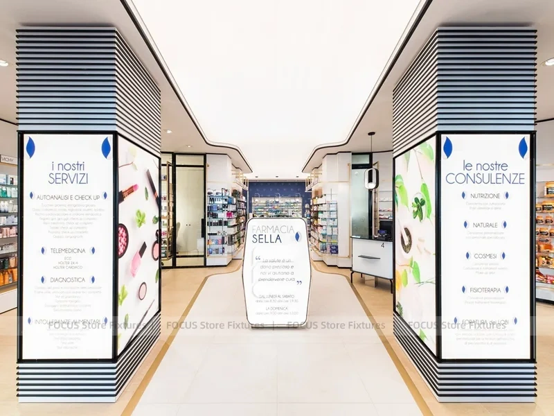 White Blue Pharmacy Interior with Central Column Display