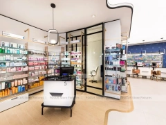 White Blue Pharmacy Interior with Central Column Display