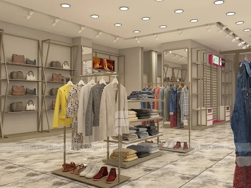 White Boutique Apparel Store Rack and Table Display