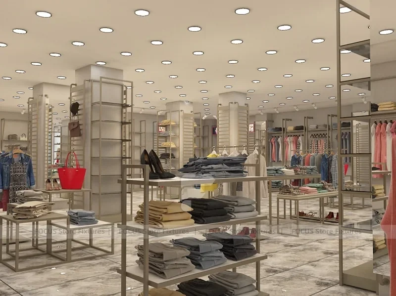White Boutique Apparel Store Rack and Table Display