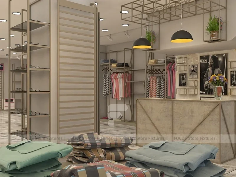 White Boutique Apparel Store Rack and Table Display