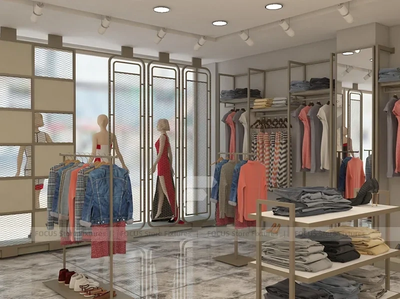 White Boutique Apparel Store Rack and Table Display
