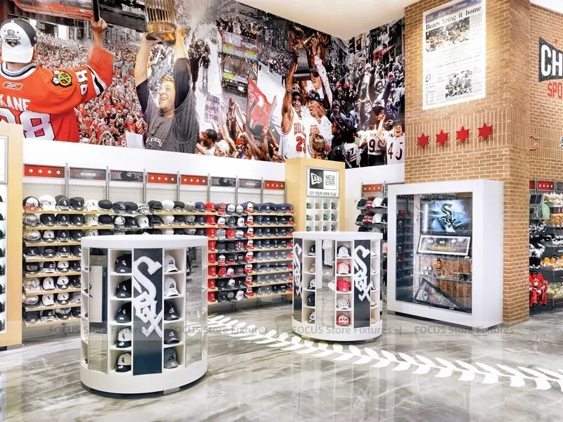 White Chicago Sports Cap Wall Display with Round Tower