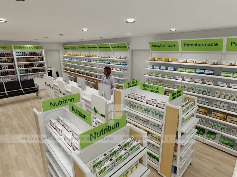 White Green Pharmacy Gondola and Wall Shelving Layout