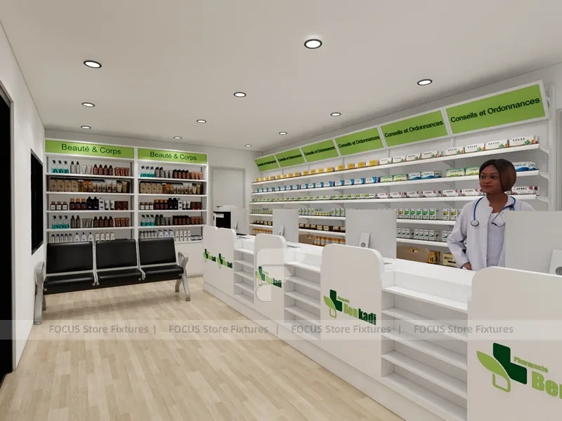 White Green Pharmacy Gondola and Wall Shelving Layout