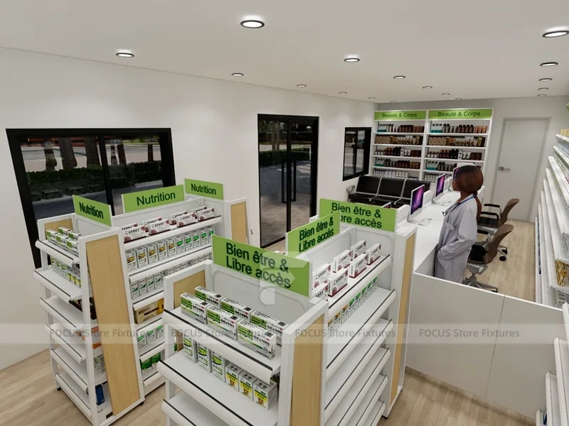 White Green Pharmacy Gondola and Wall Shelving Layout