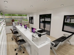 White Green Pharmacy Gondola and Wall Shelving Layout