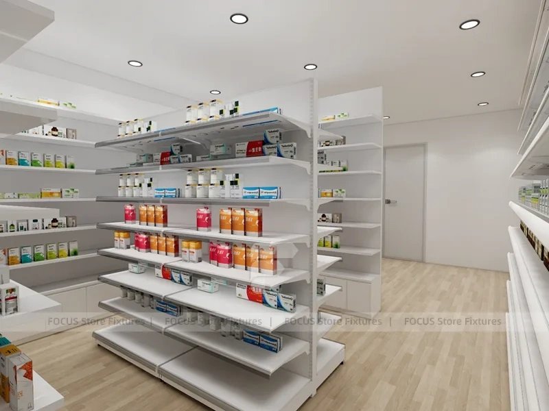 White Green Pharmacy Gondola and Wall Shelving Layout