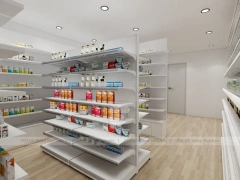 White Green Pharmacy Gondola and Wall Shelving Layout