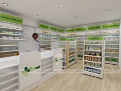 White Green Pharmacy Gondola and Wall Shelving Layout