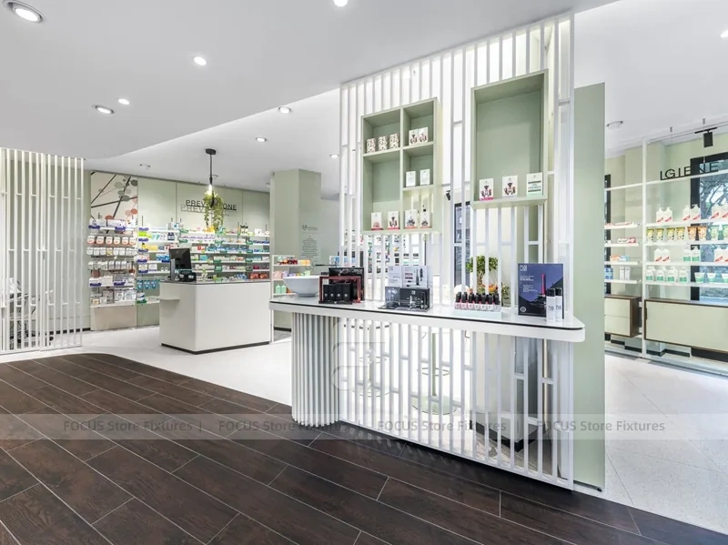 White Green Pharmacy Reception and Wall Shelving Layout