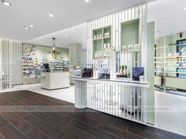 White Green Pharmacy Reception and Wall Shelving Layout