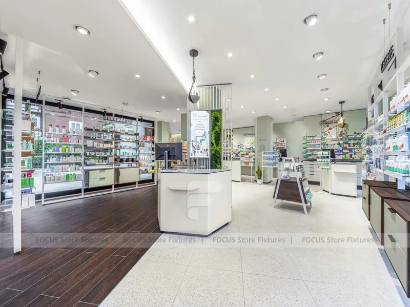 White Green Pharmacy Reception and Wall Shelving Layout