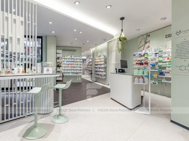 White Green Pharmacy Reception and Wall Shelving Layout