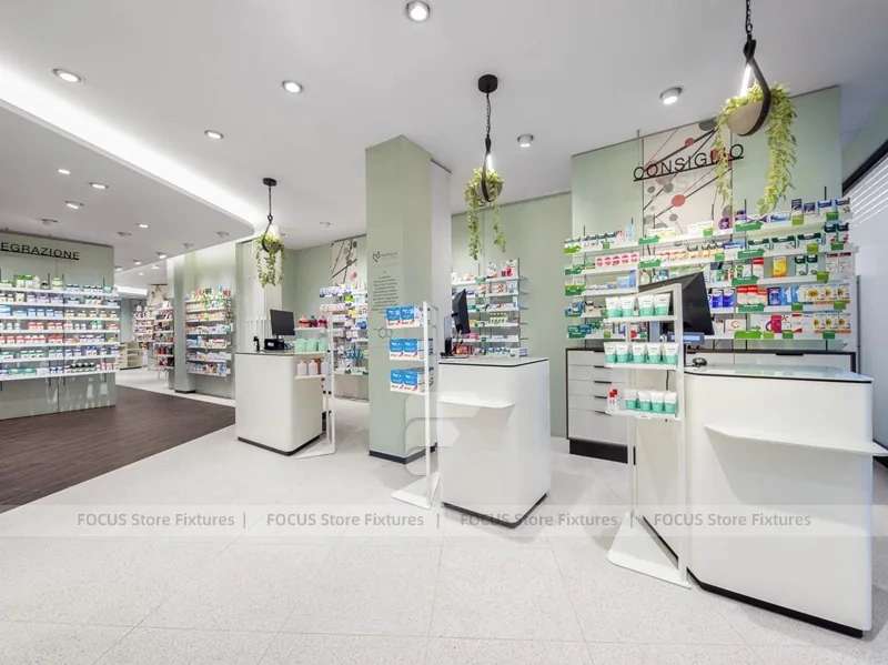 White Green Pharmacy Reception and Wall Shelving Layout