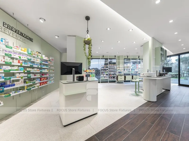 White Green Pharmacy Reception and Wall Shelving Layout