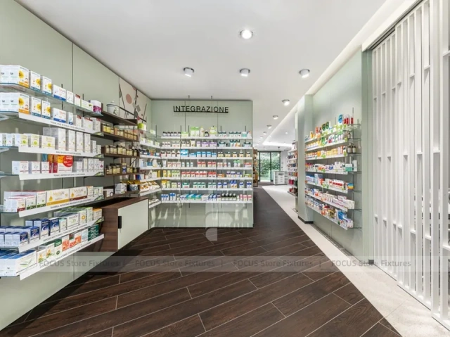 White Green Pharmacy Reception and Wall Shelving Layout