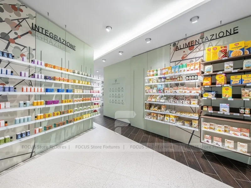 White Green Pharmacy Reception and Wall Shelving Layout