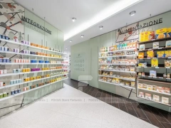 White Green Pharmacy Reception and Wall Shelving Layout