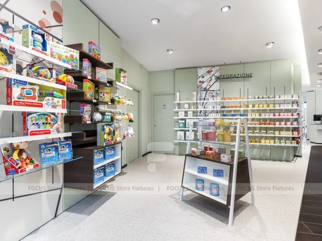White Green Pharmacy Reception and Wall Shelving Layout