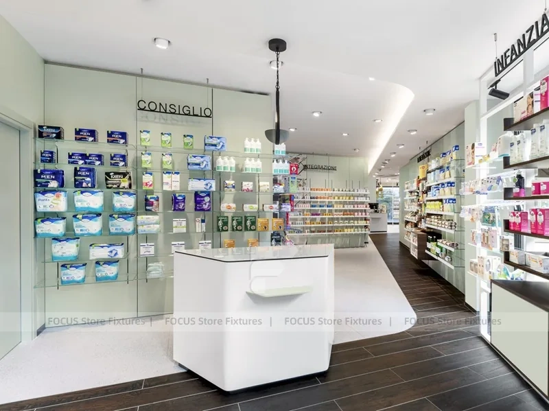 White Green Pharmacy Reception and Wall Shelving Layout